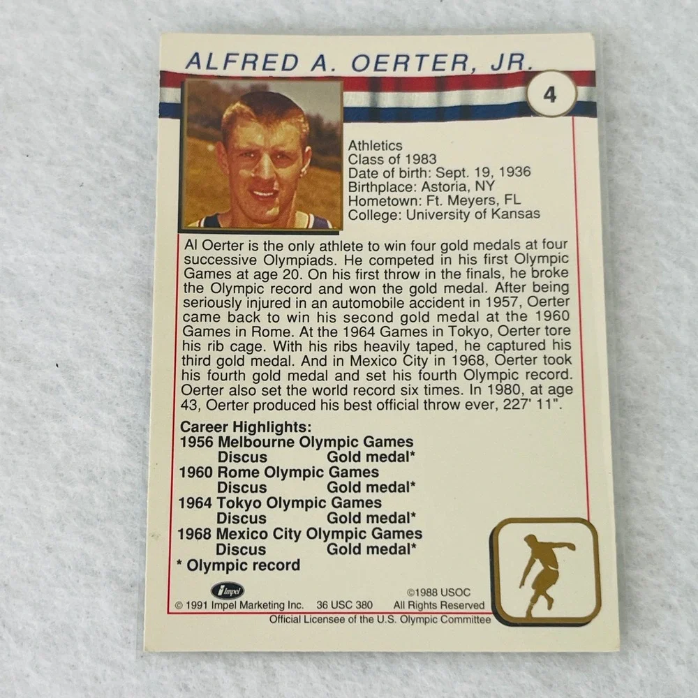 1991 Impel US Olympic Hall of Fame Al Oerter #4 Trading Card Athletics Discus